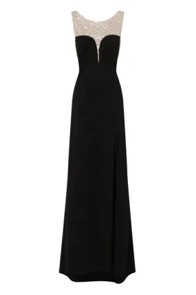 Seska Black Crystal Plunge Thigh Split Fishtail Maxi Dress