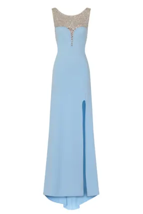 Seska Blue Crystal Plunge Thigh Split Fishtail Maxi Dress