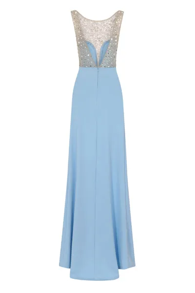 Seska Blue Crystal Plunge Thigh Split Fishtail Maxi Dress