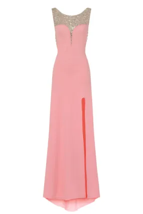 Seska Blush Crystal Plunge Thigh Split Fishtail Maxi Dress