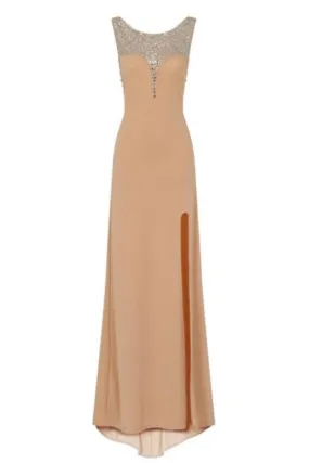 Seska Nude Crystal Plunge Thigh Split Fishtail Maxi Dress