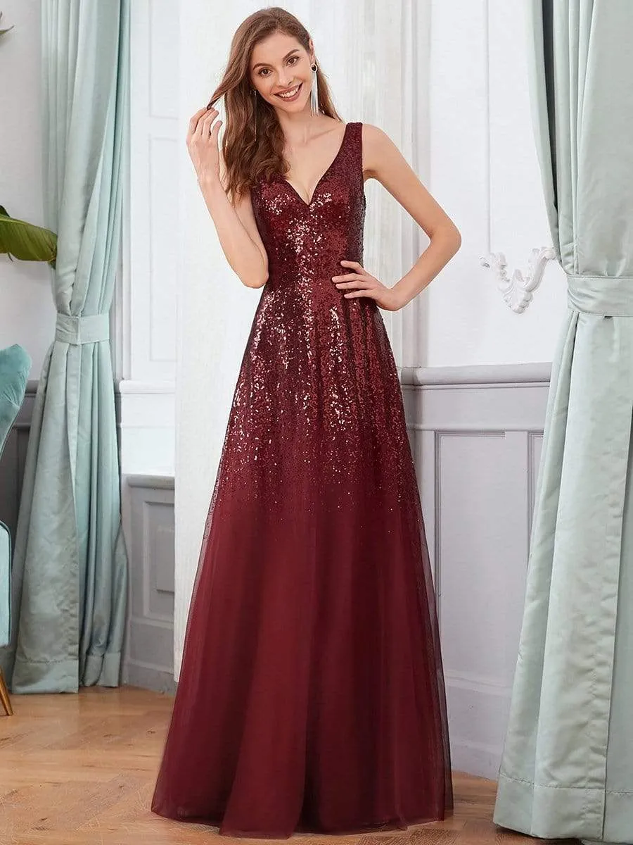 Sexy A-line Double V-neck Tulle & Sequin Evening Dresses