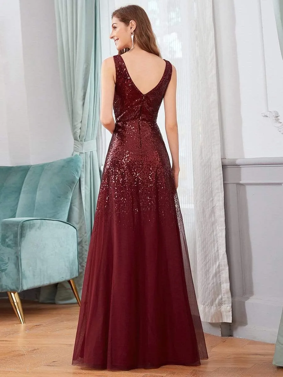 Sexy A-line Double V-neck Tulle & Sequin Evening Dresses