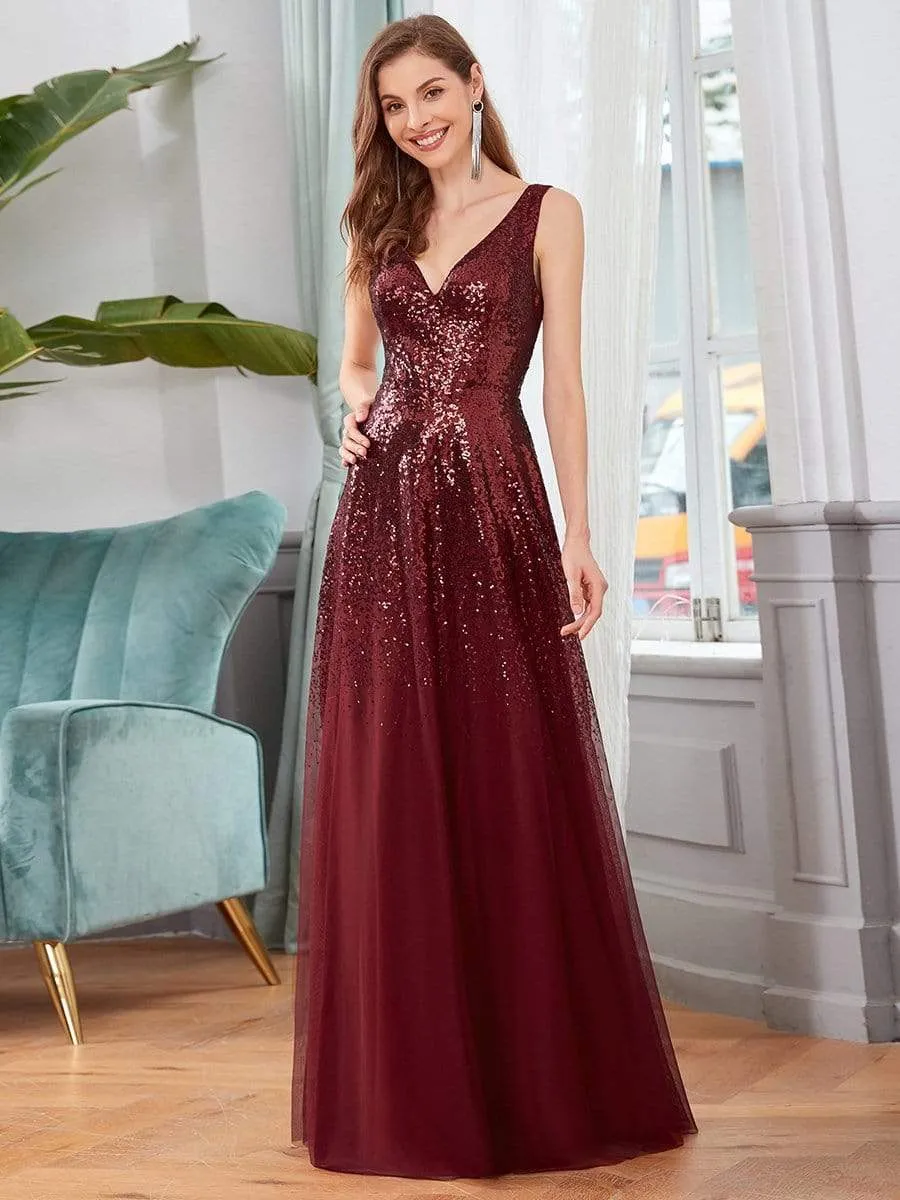 Sexy A-line Double V-neck Tulle & Sequin Evening Dresses