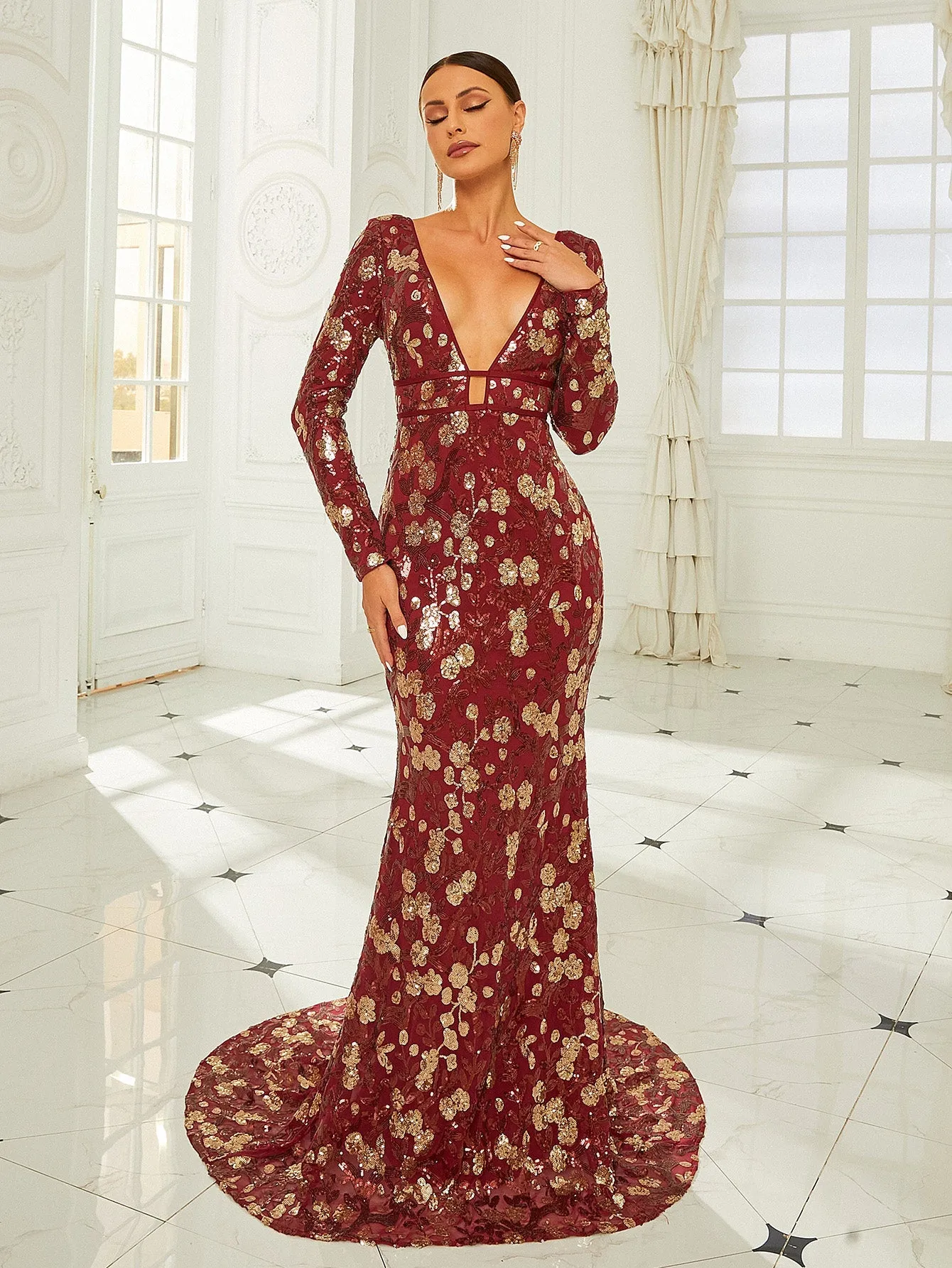 Sexy Deep V-Neck Sequin Burgundy Mermaid Evening Dress RJ10561