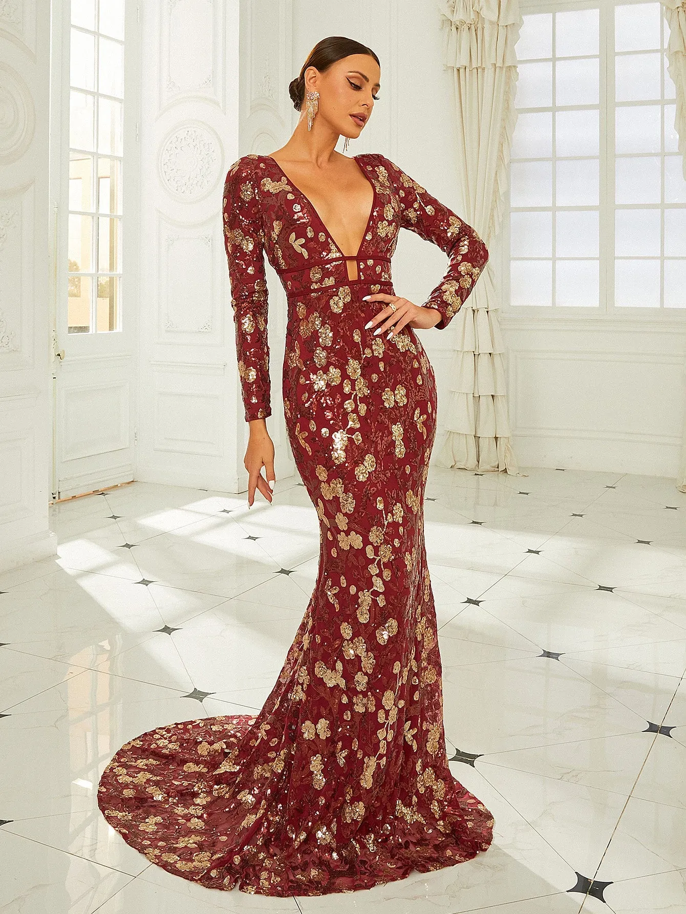 Sexy Deep V-Neck Sequin Burgundy Mermaid Evening Dress RJ10561