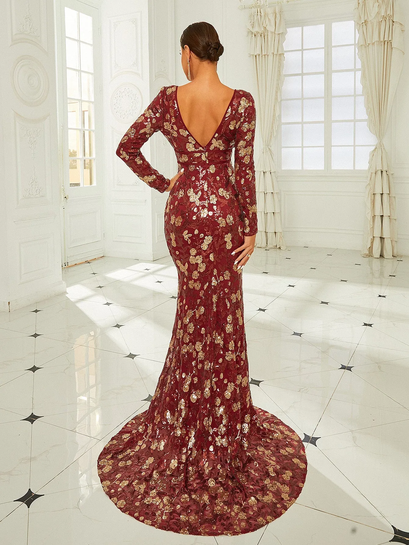 Sexy Deep V-Neck Sequin Burgundy Mermaid Evening Dress RJ10561