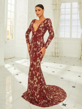 Sexy Deep V-Neck Sequin Burgundy Mermaid Evening Dress RJ10561