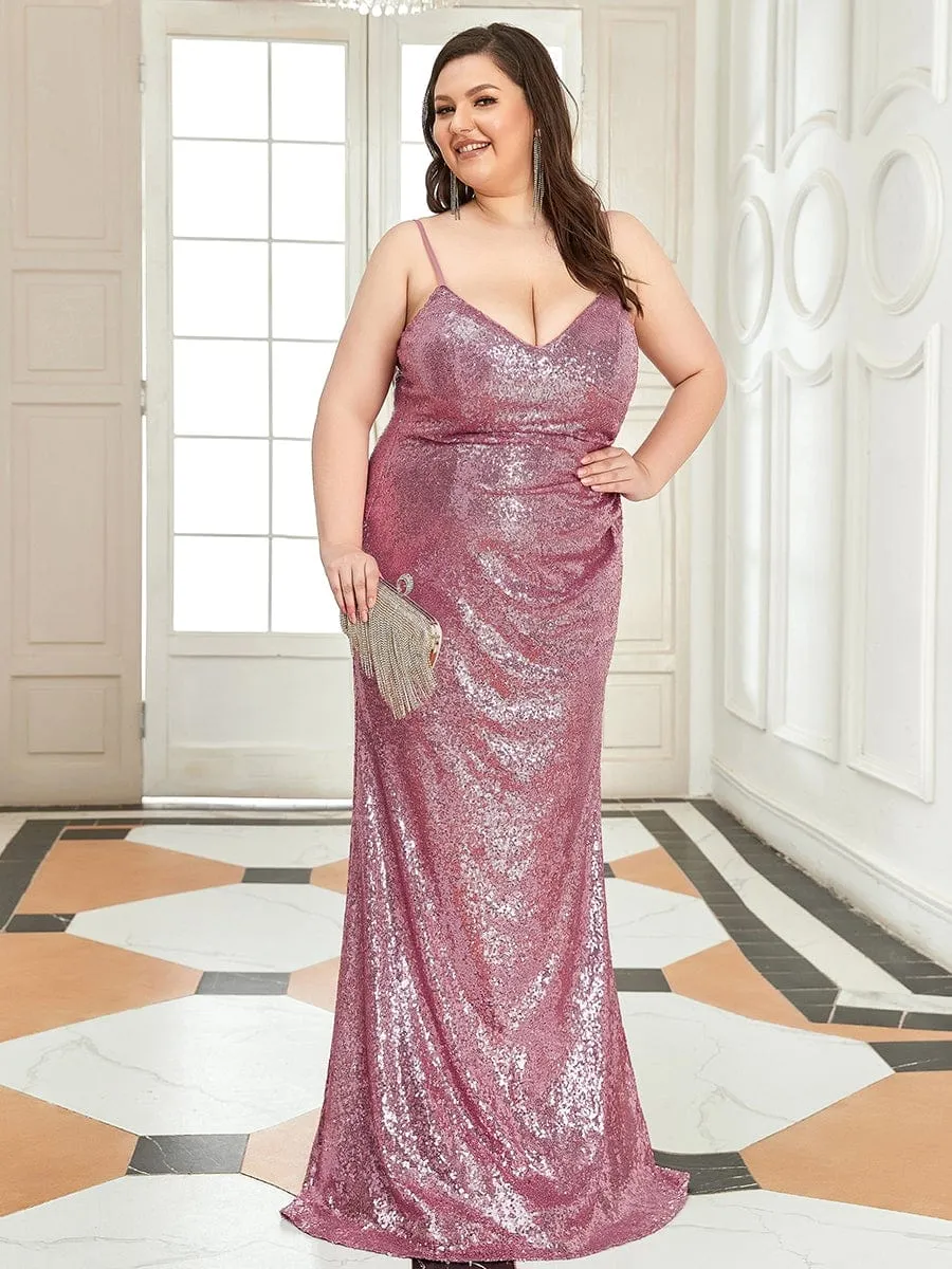 Sexy Spaghetti Straps Plus Size Sequin Evening Gowns for Women