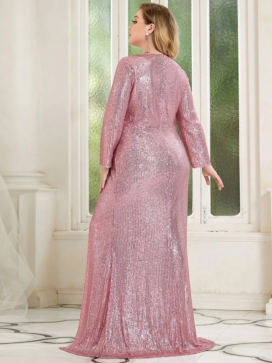 Shiny V Neck Plus Size Long Sleeve Sequin Evening Dress