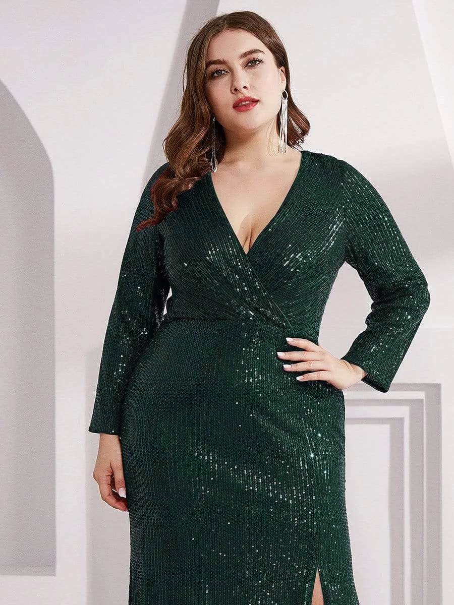 Shiny V Neck Plus Size Long Sleeve Sequin Evening Dress