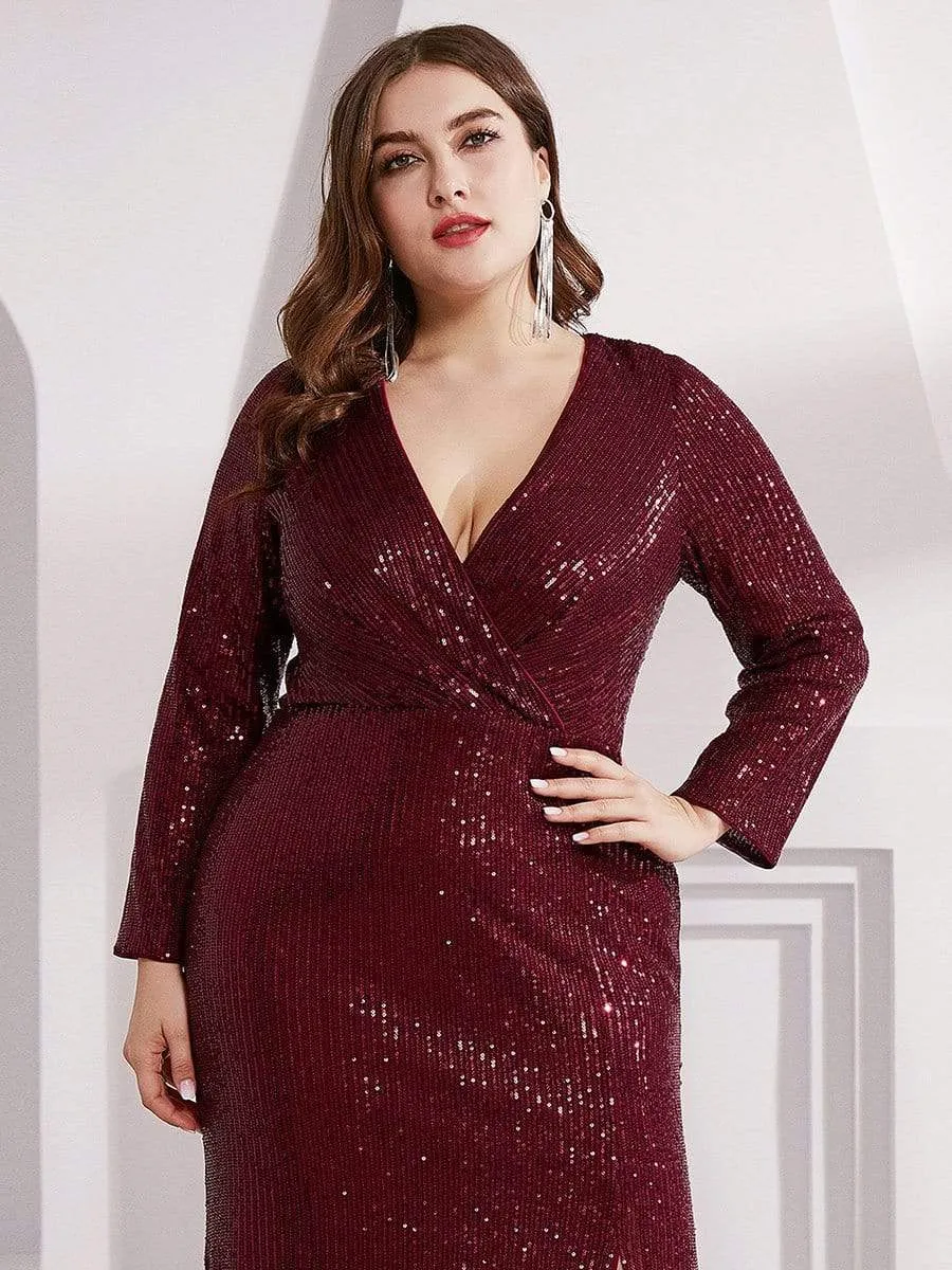 Shiny V Neck Plus Size Long Sleeve Sequin Evening Dress