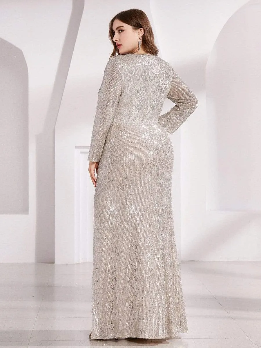 Shiny V Neck Plus Size Long Sleeve Sequin Evening Dress