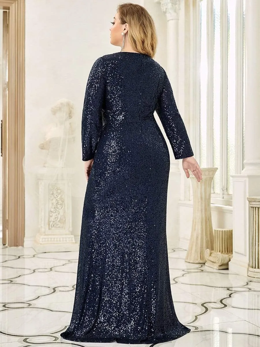 Shiny V Neck Plus Size Long Sleeve Sequin Evening Dress