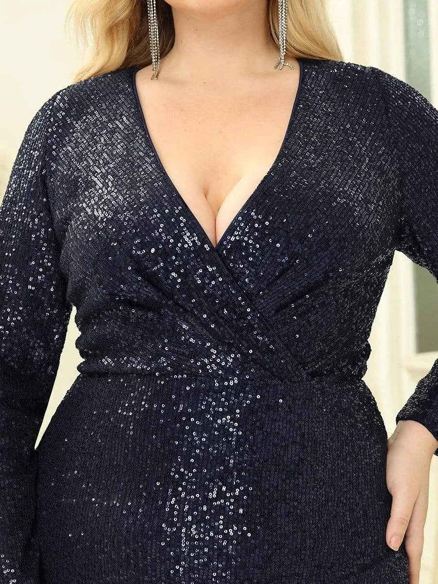 Shiny V Neck Plus Size Long Sleeve Sequin Evening Dress