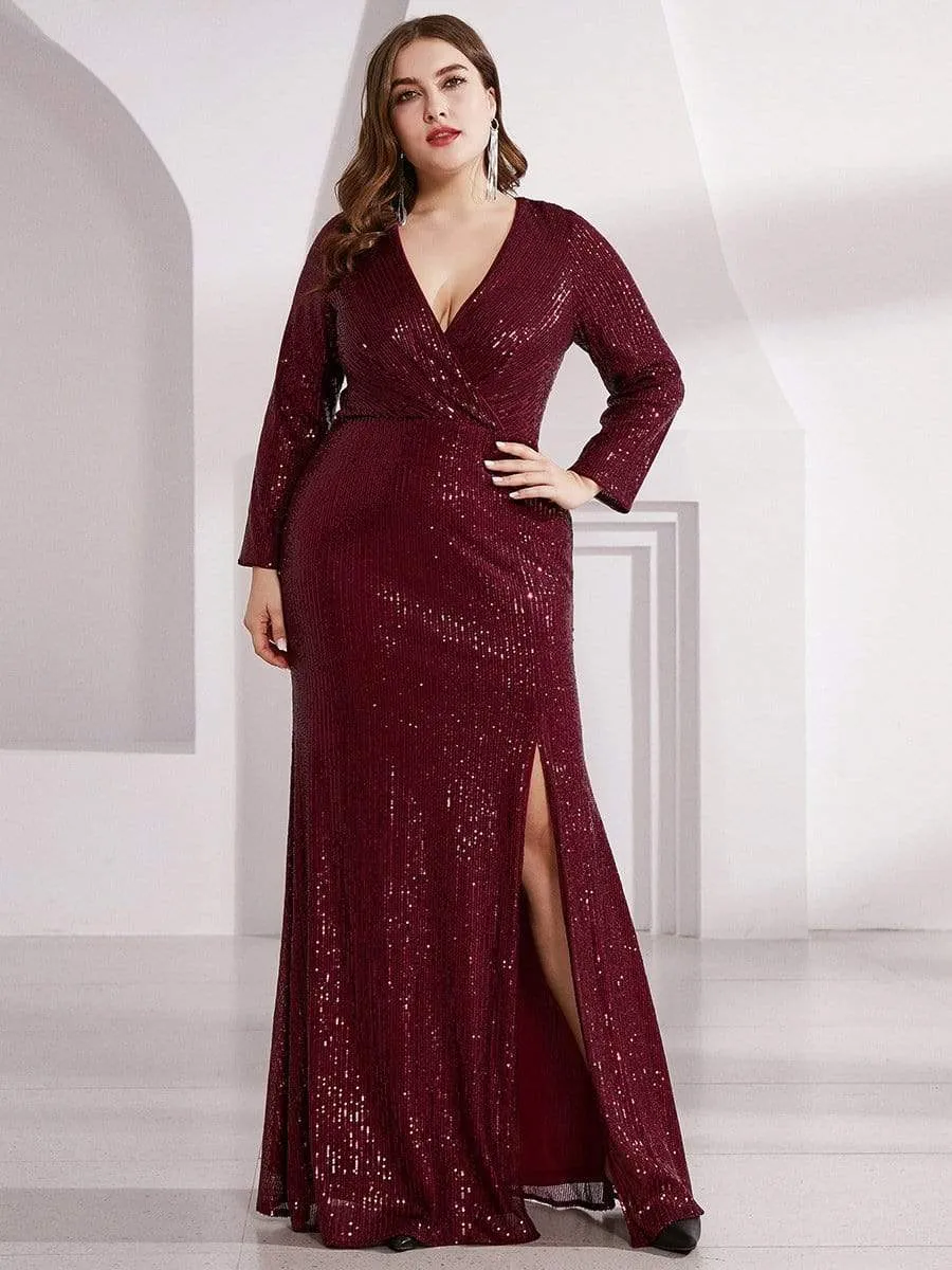 Shiny V Neck Plus Size Long Sleeve Sequin Evening Dress