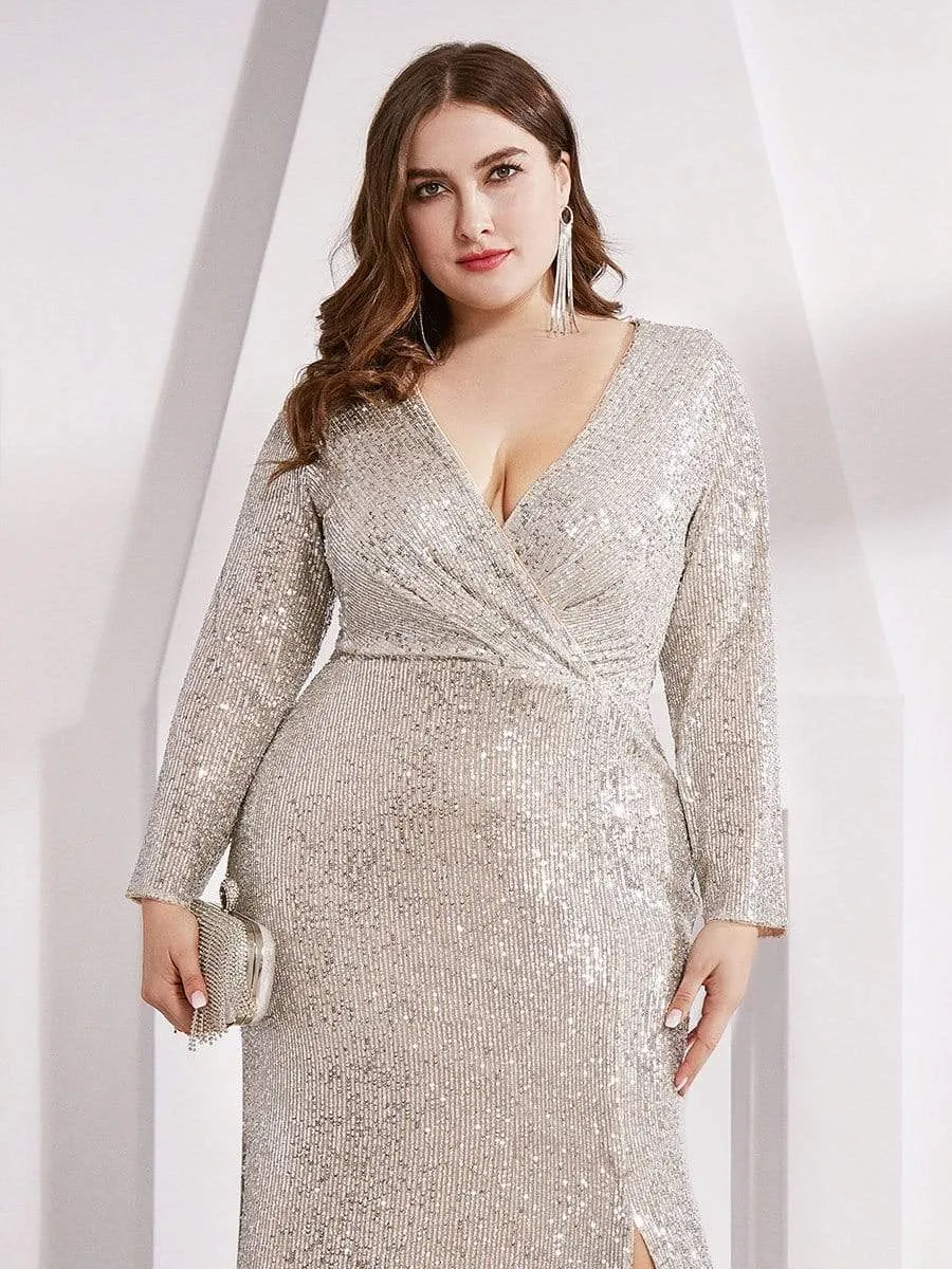 Shiny V Neck Plus Size Long Sleeve Sequin Evening Dress