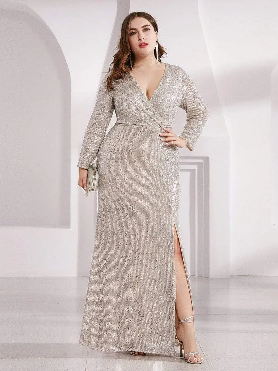 Shiny V Neck Plus Size Long Sleeve Sequin Evening Dress