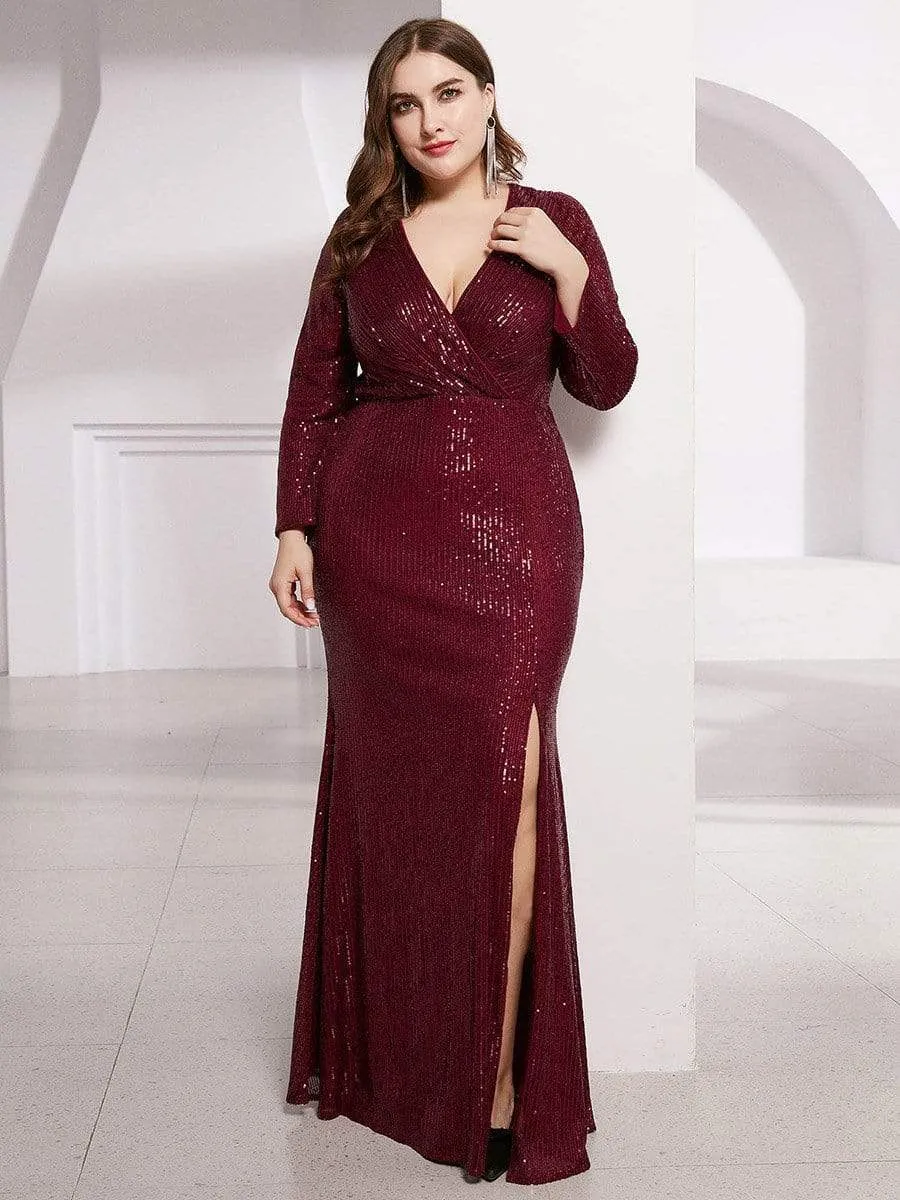 Shiny V Neck Plus Size Long Sleeve Sequin Evening Dress