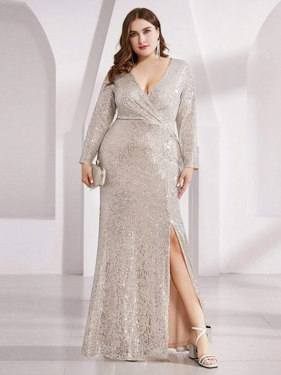 Shiny V Neck Plus Size Long Sleeve Sequin Evening Dress