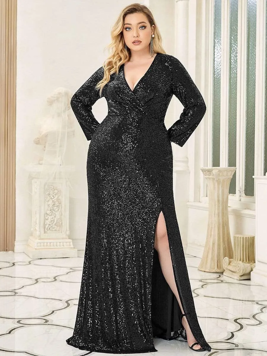 Shiny V Neck Plus Size Long Sleeve Sequin Evening Dress