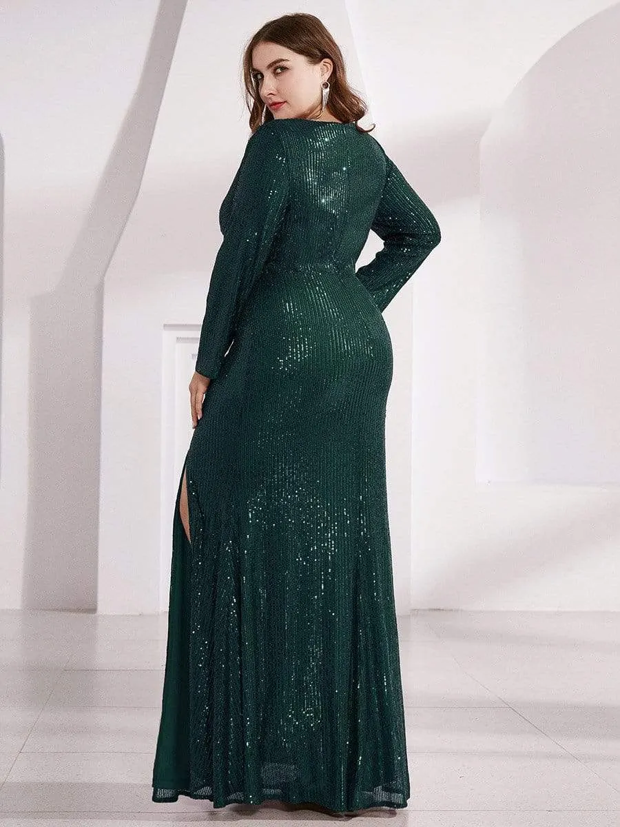 Shiny V Neck Plus Size Long Sleeve Sequin Evening Dress