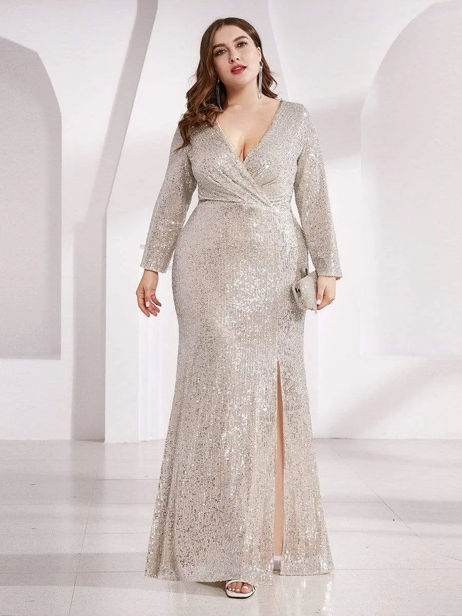 Shiny V Neck Plus Size Long Sleeve Sequin Evening Dress