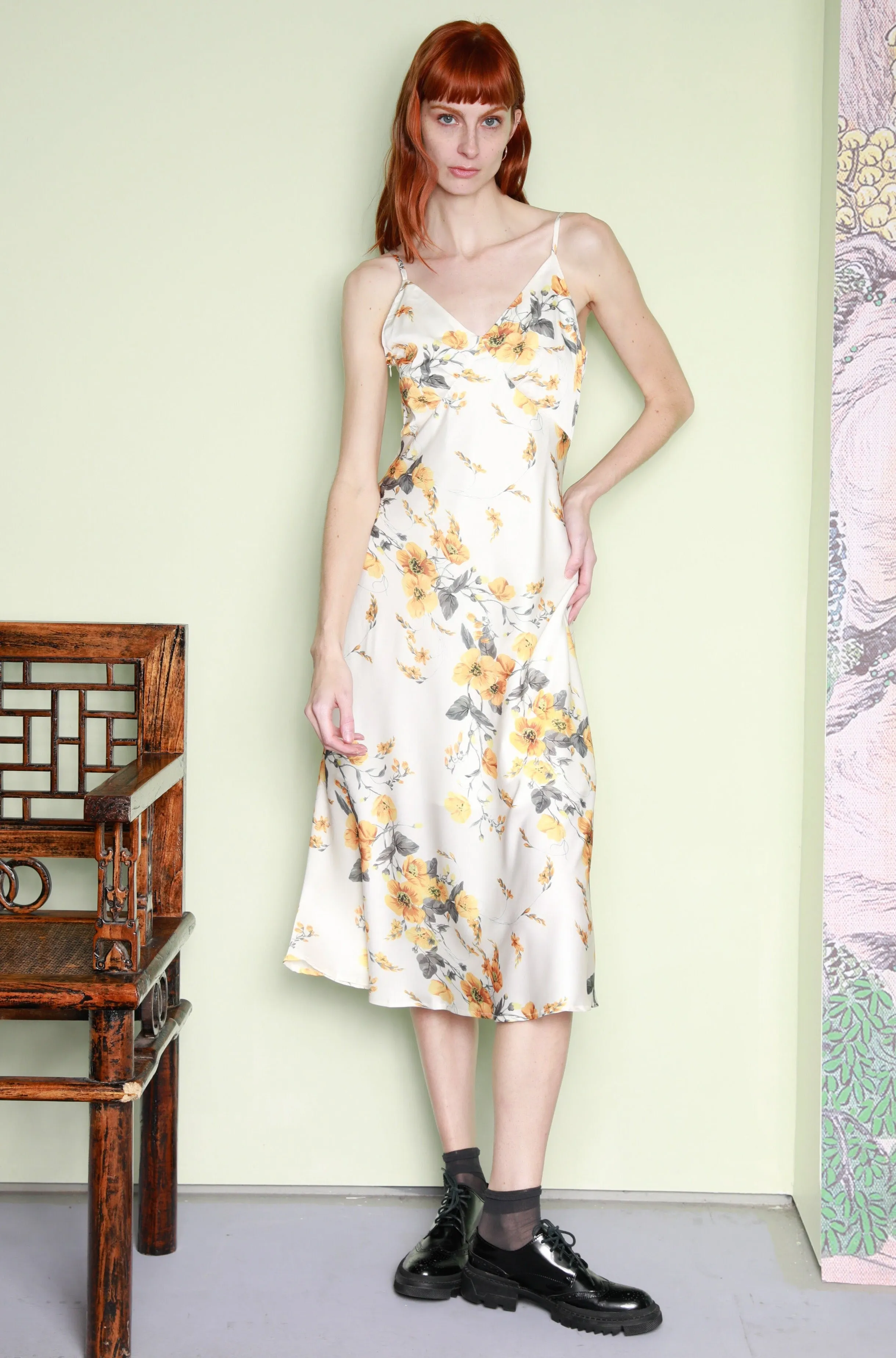 Silk Printed Yellow Floral Slip Dress