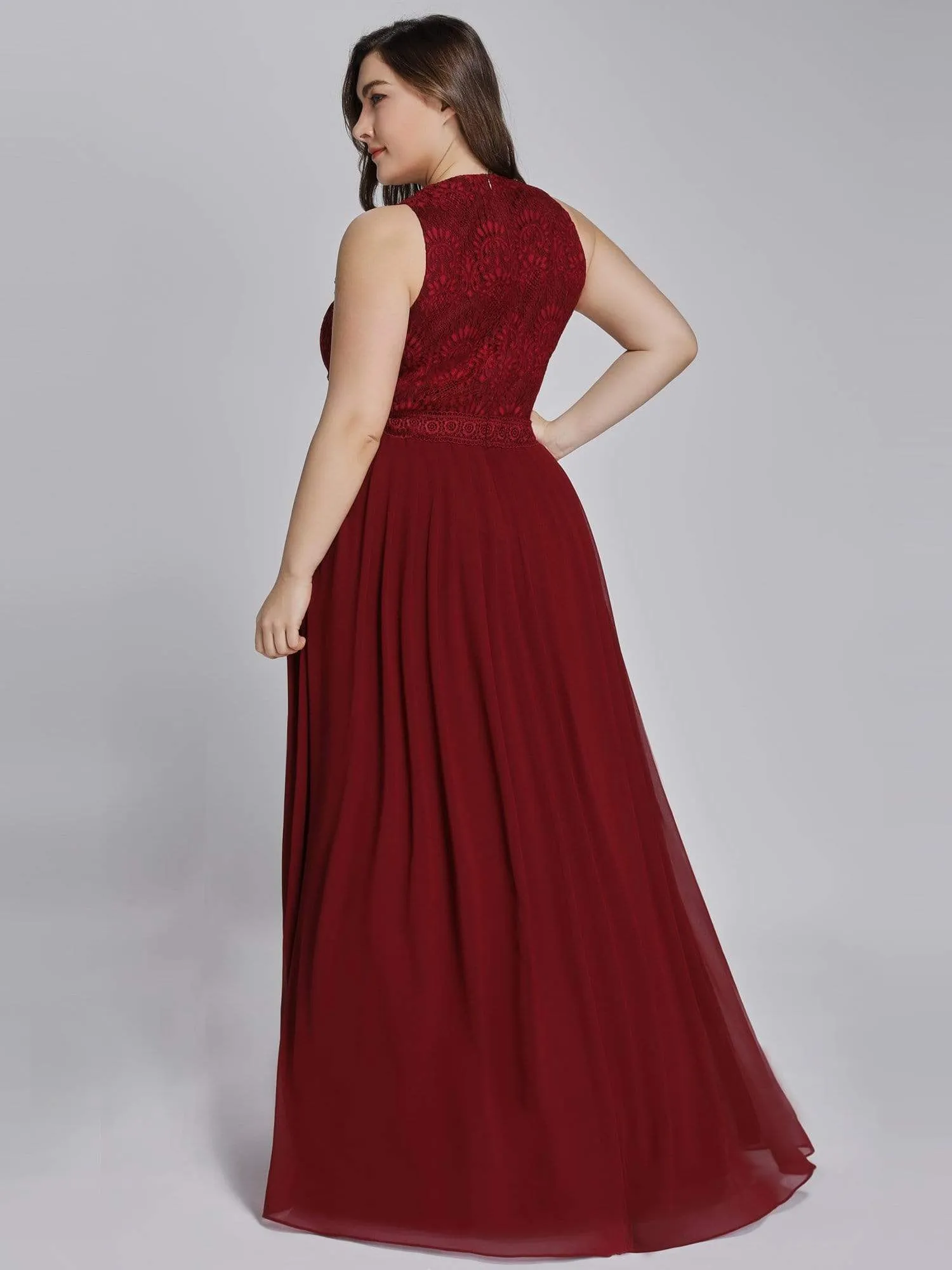 Sleeveless Lace Bodice Empire Waist Long A Line Bridesmaid Dress