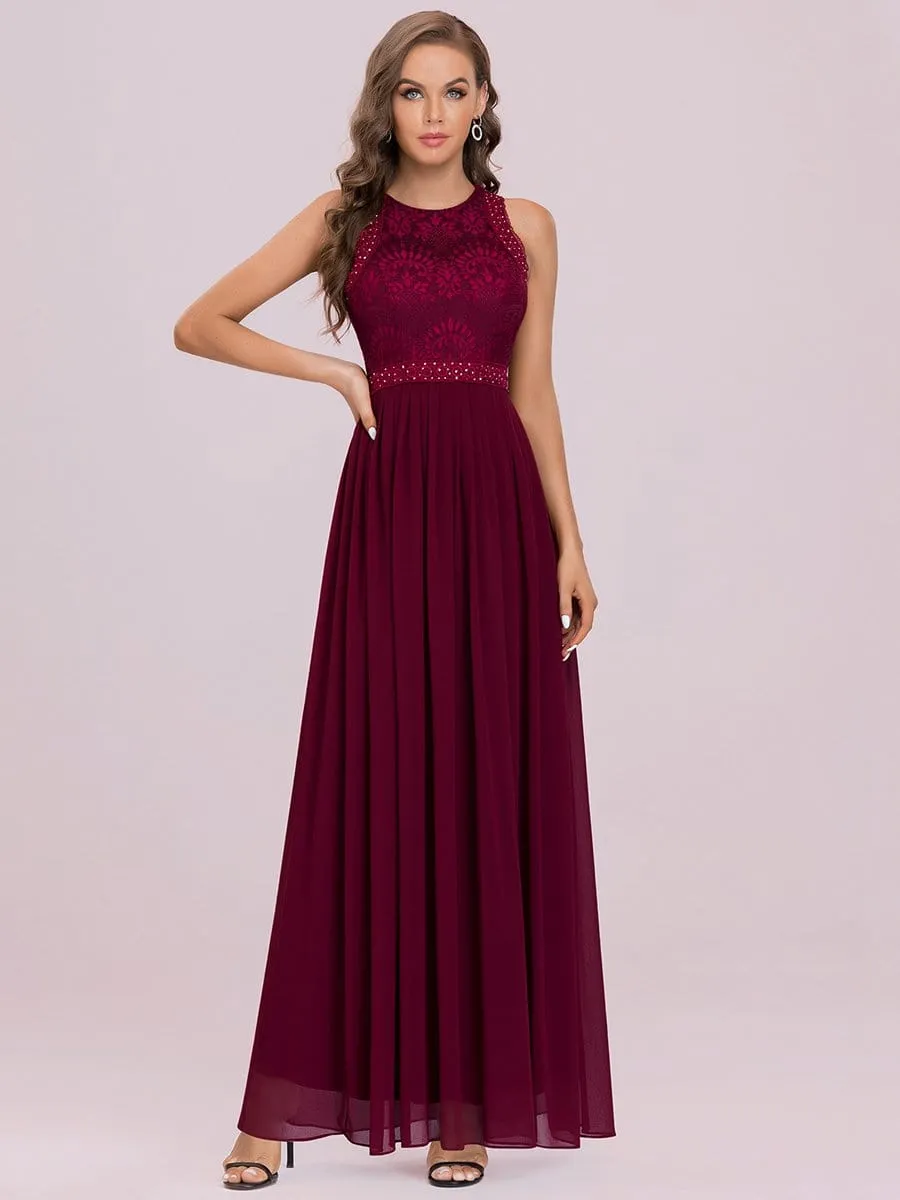 Sleeveless Lace Bodice Empire Waist Long A Line Bridesmaid Dress