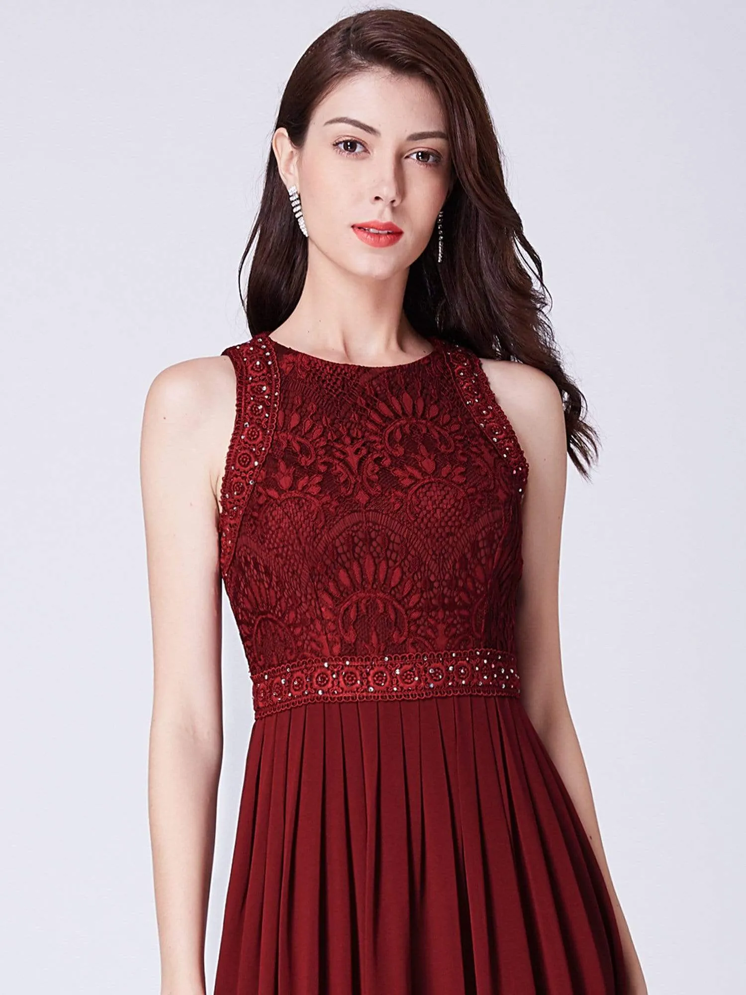 Sleeveless Lace Bodice Empire Waist Long A Line Bridesmaid Dress