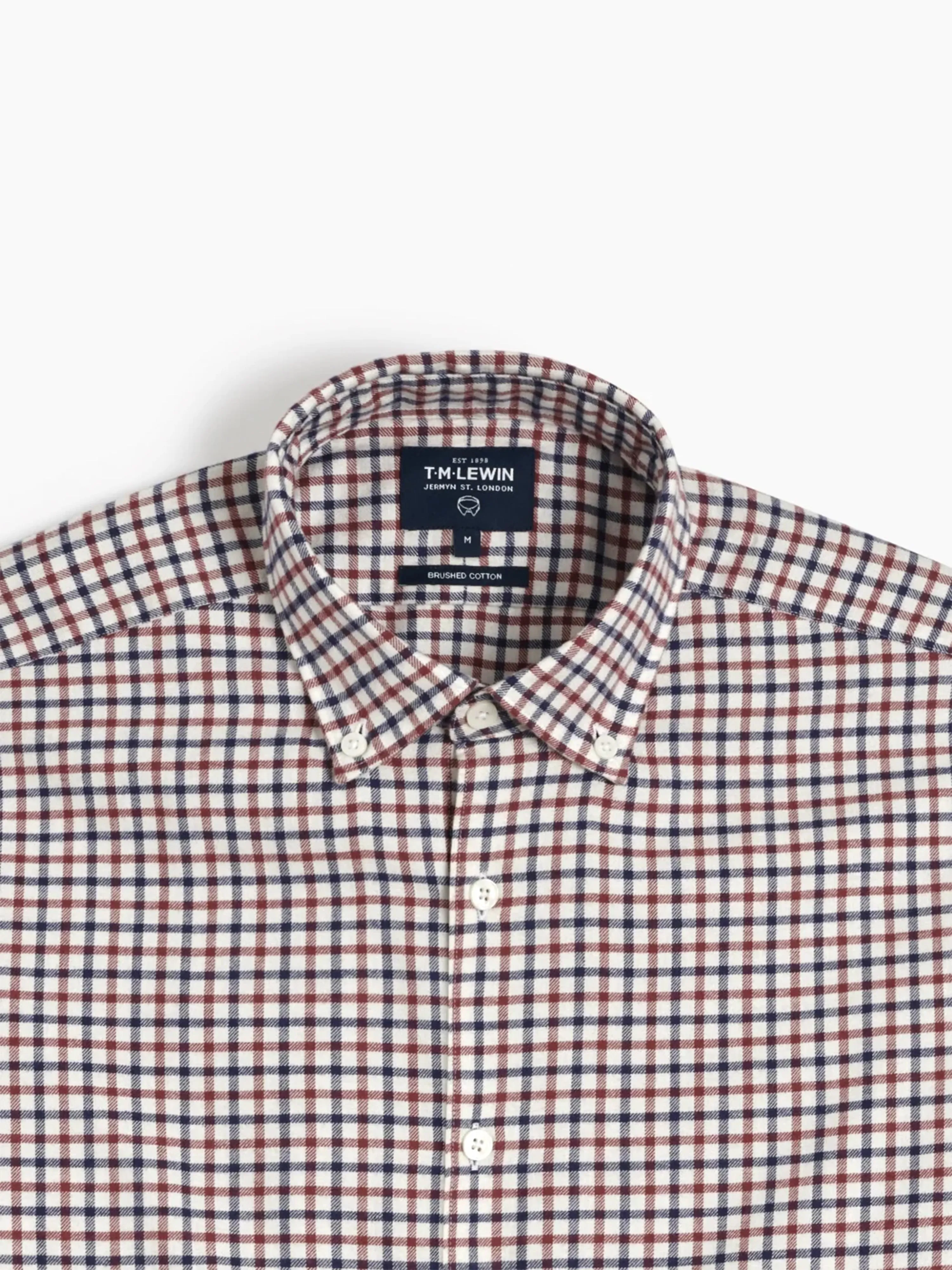 Slim Fit Navy & Burgundy Block Check Brushed Cotton Shirt