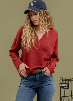 Solid Notch Neck Knit Top in Burgundy by Blu Pepper