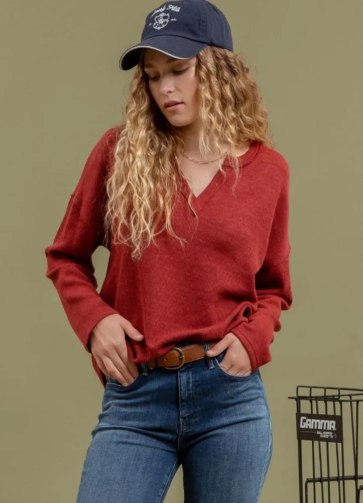 Solid Notch Neck Knit Top in Burgundy by Blu Pepper