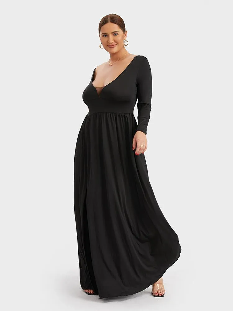 Solid Split Deep V-neck Maxi Dress