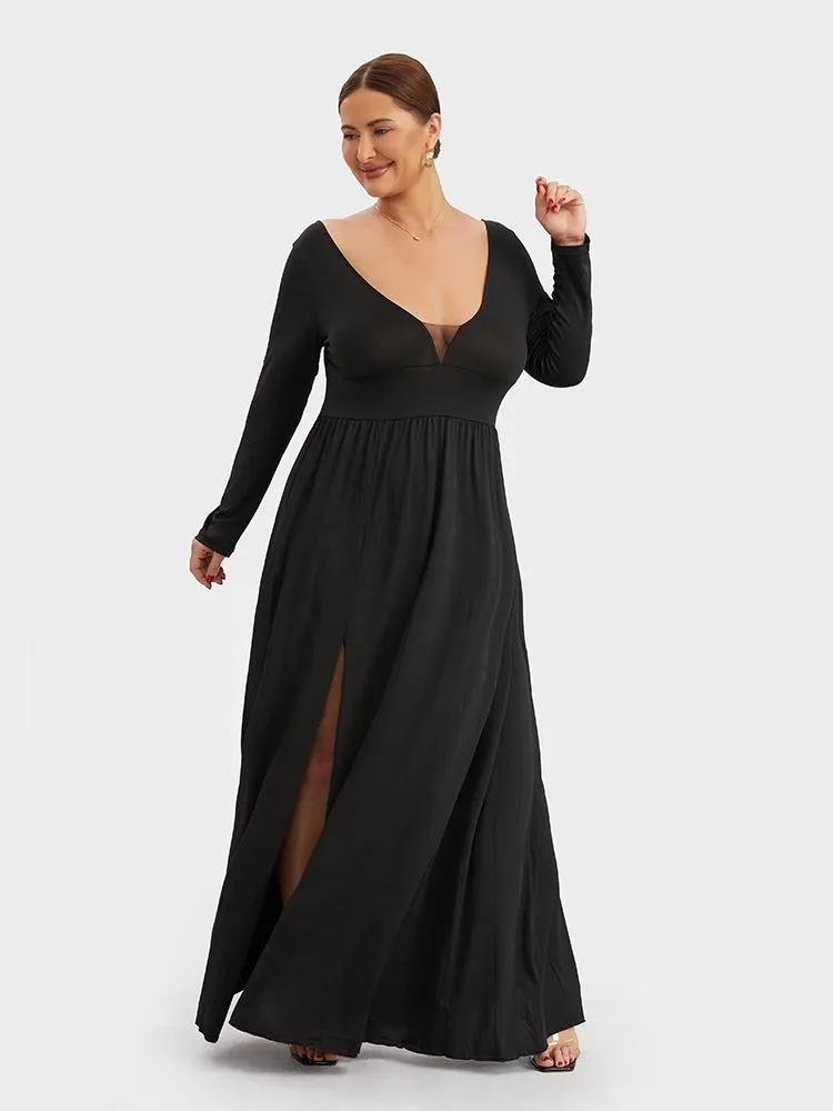 Solid Split Deep V-neck Maxi Dress