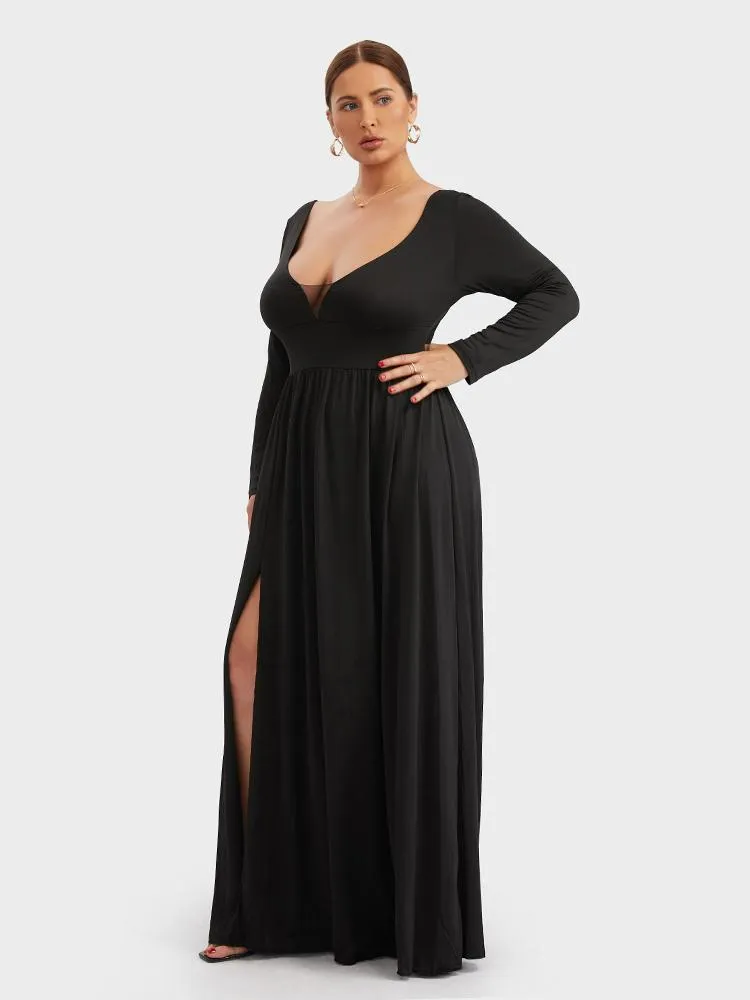 Solid Split Deep V-neck Maxi Dress