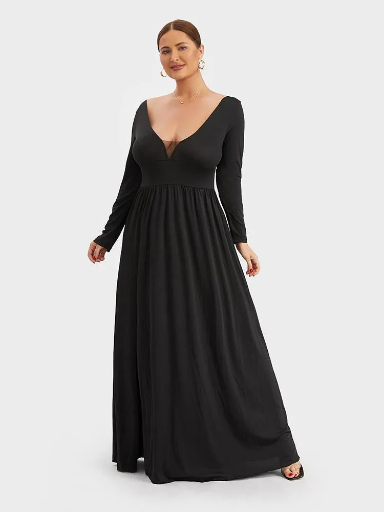 Solid Split Deep V-neck Maxi Dress