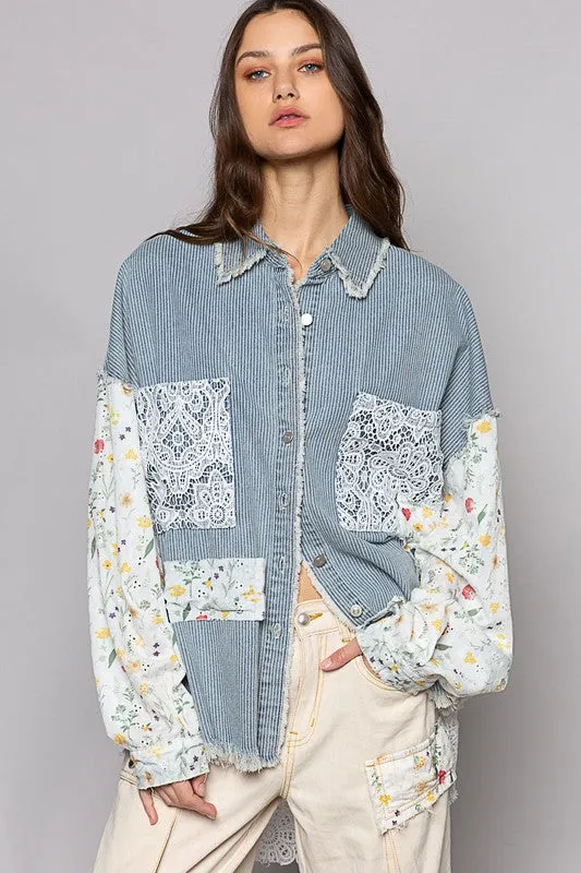 Stripe Denim Floral Print Long Sleeve Crochet Patches Shacket