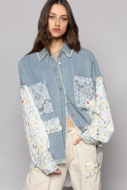 Stripe Denim Floral Print Long Sleeve Crochet Patches Shacket