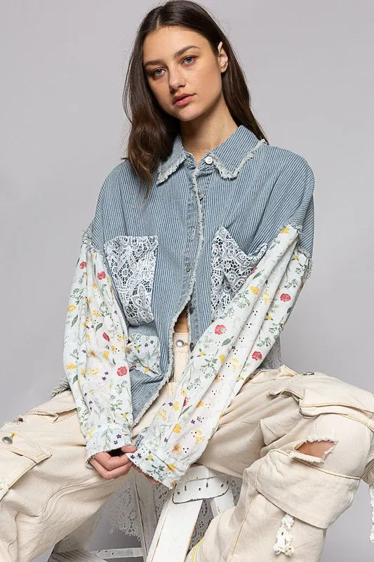 Stripe Denim Floral Print Long Sleeve Crochet Patches Shacket