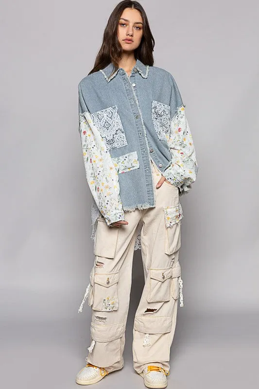 Stripe Denim Floral Print Long Sleeve Crochet Patches Shacket