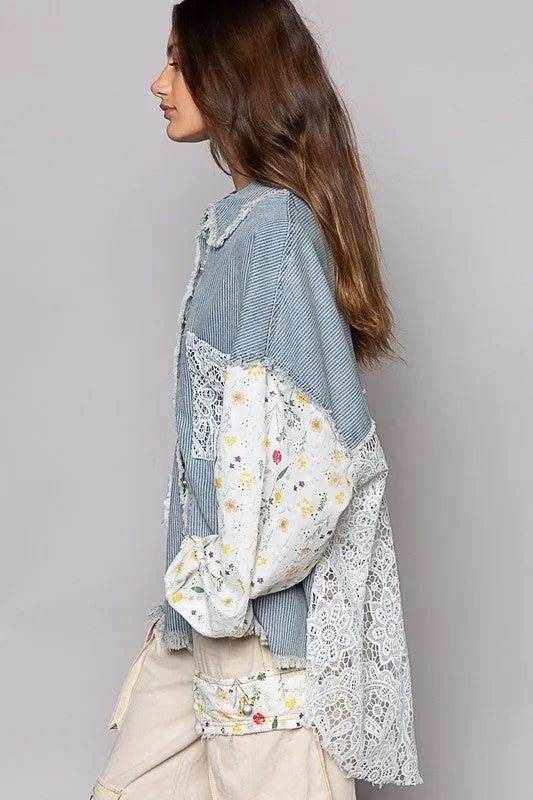 Stripe Denim Floral Print Long Sleeve Crochet Patches Shacket