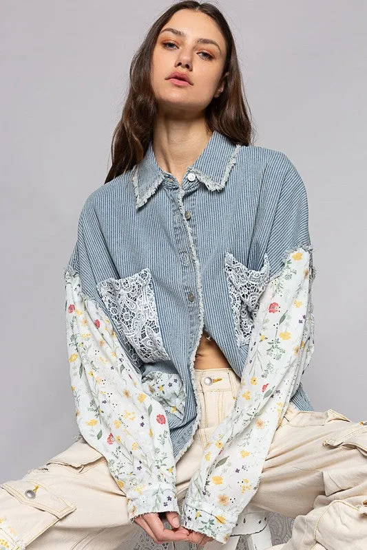 Stripe Denim Floral Print Long Sleeve Crochet Patches Shacket