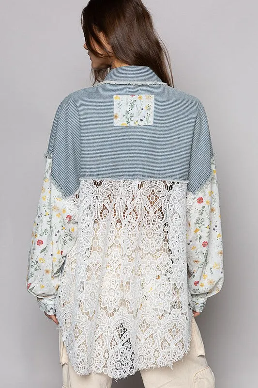 Stripe Denim Floral Print Long Sleeve Crochet Patches Shacket