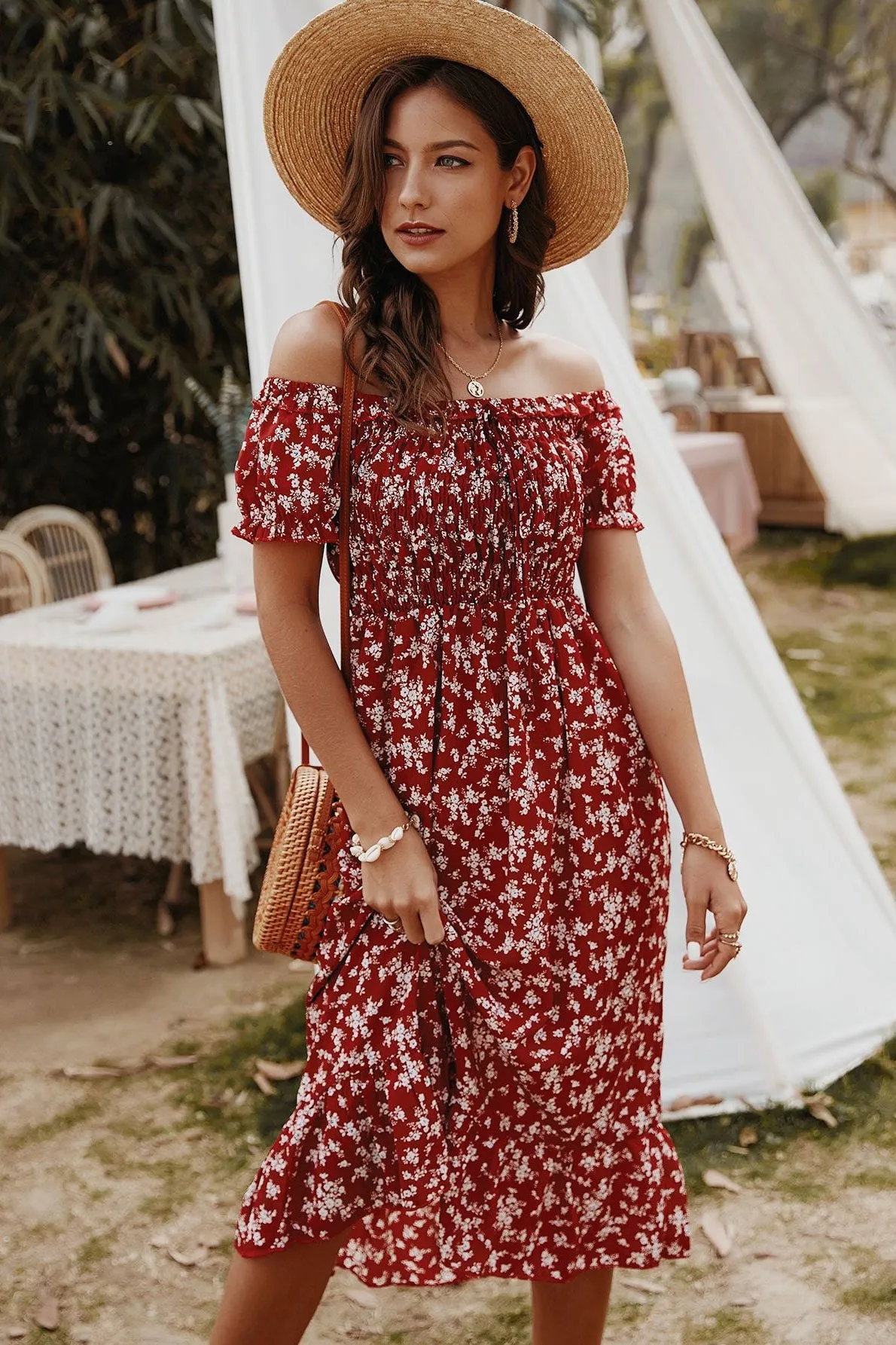 Summer Bohemian Print Off-the-Shoulder Dress