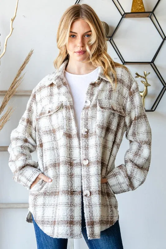 Taupe Plaid Tweed Flap Pocket Shacket