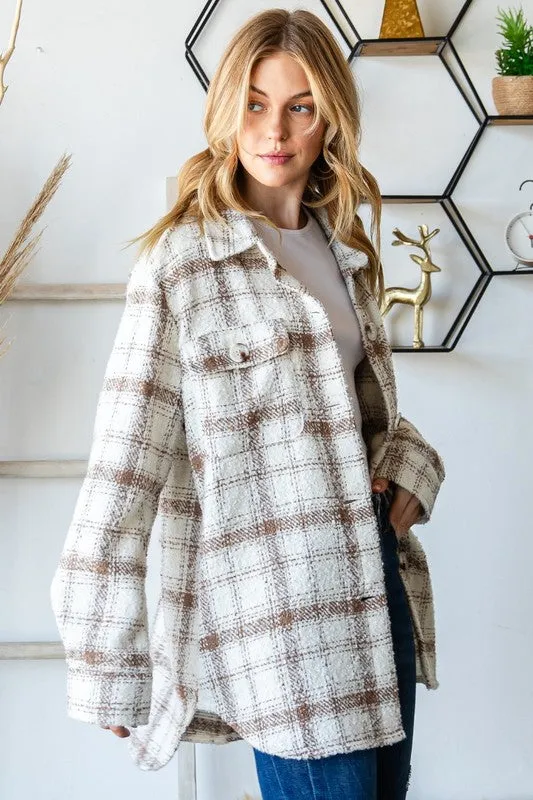 Taupe Plaid Tweed Flap Pocket Shacket