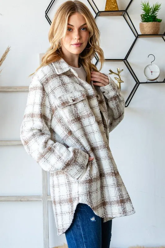 Taupe Plaid Tweed Flap Pocket Shacket