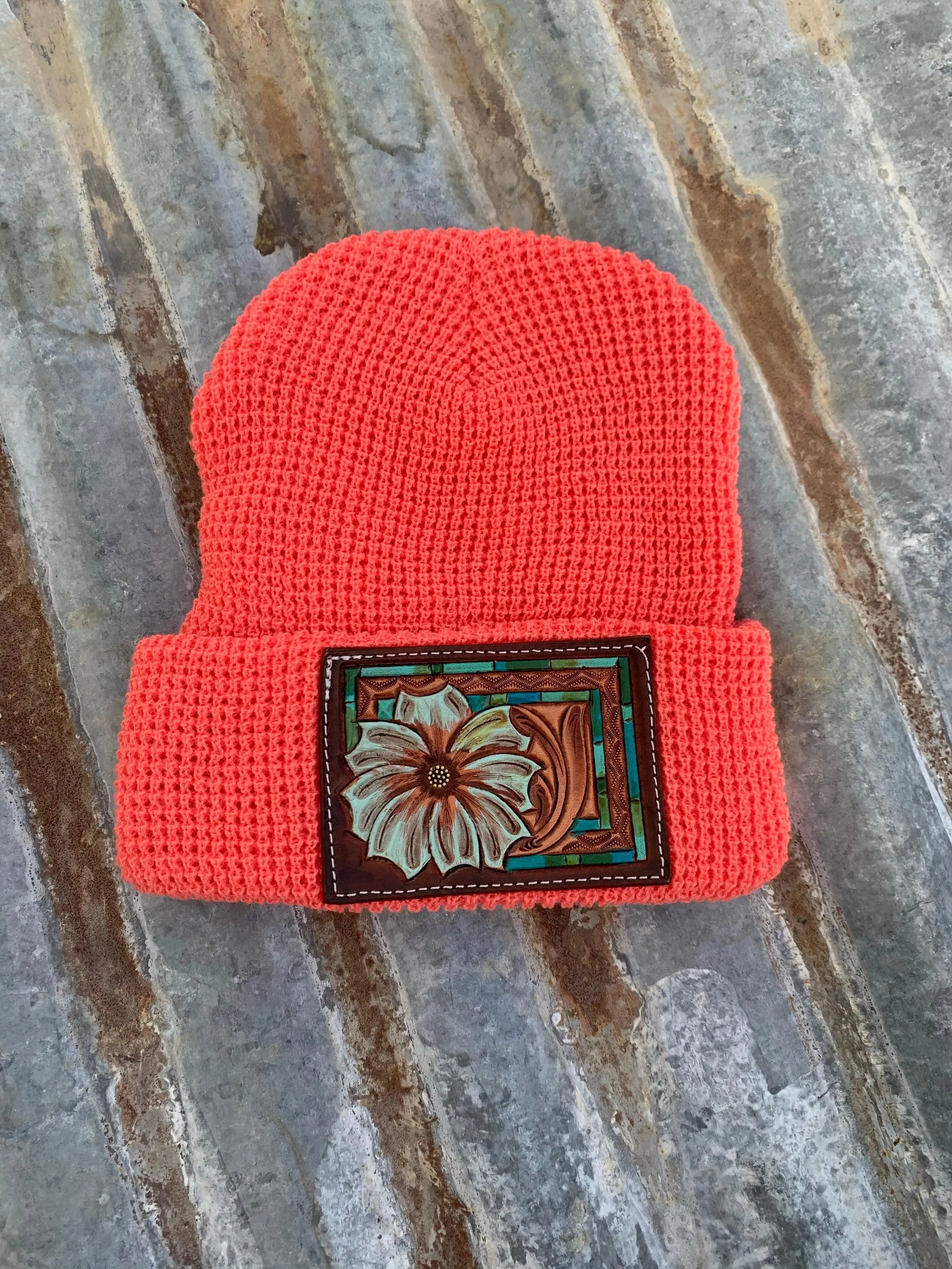 The Daisy Handtooled Leather Patch Beanie, Fitted in Turquoise and Southwest Border